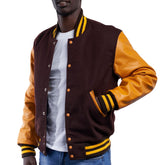 Mens Brown Orange Varsity Jacket Front View